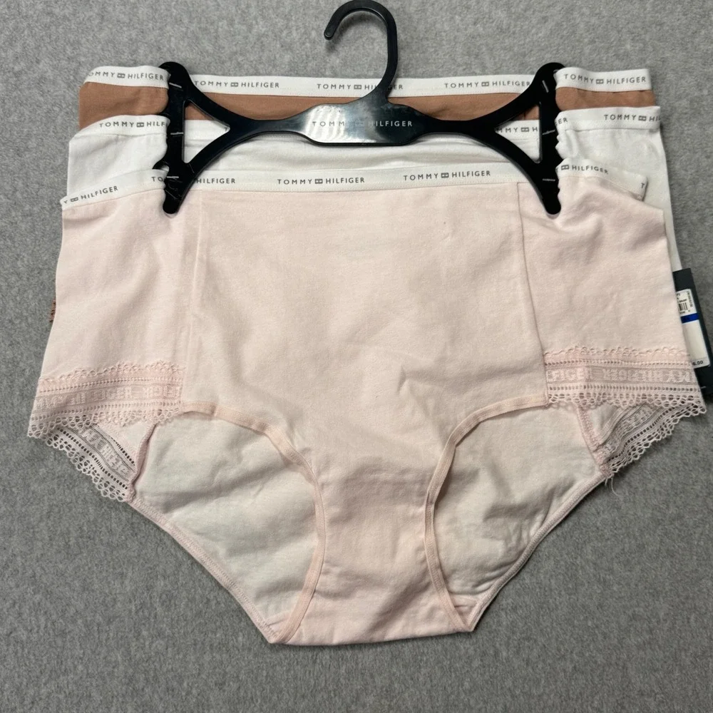 Tommy Hilfiger Womens 3-Pack Lace Trim High Waist Briefs Pink White Brown NWT‎ L